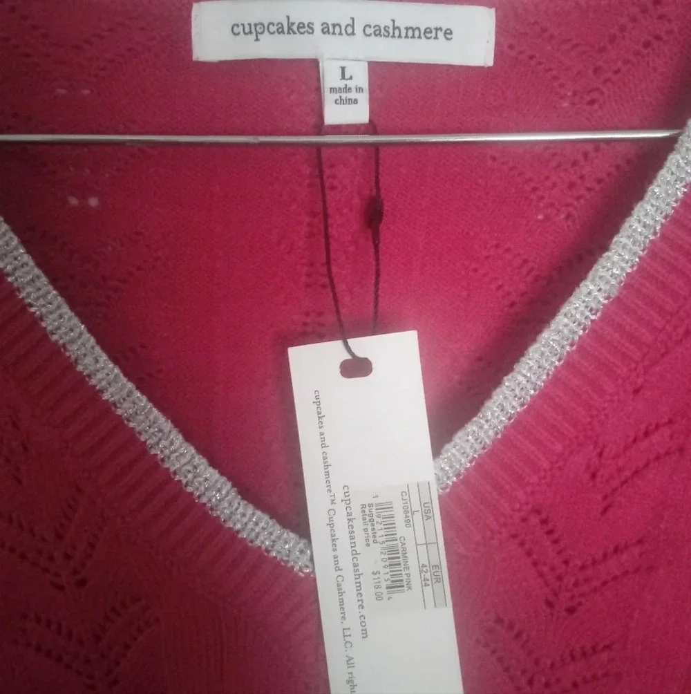 Cupcakes & Cashmere Pink Ravi Knit Sweater Silver Trim Size Large NWT